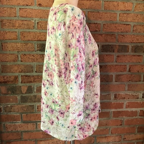 J. Jill Sweater Womens Medium Pink Floral Linen Blend Lightweight 3/4 Sleeves - Picture 8 of 11